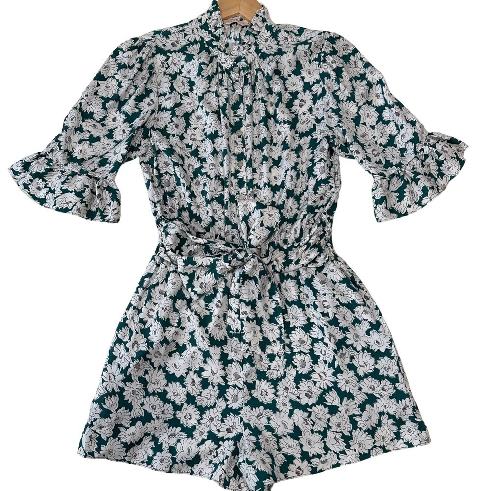 REBECCA TAYLOR Serene Floral Print Romper Elbow Sleeve SZ 4 Green White NWOT
